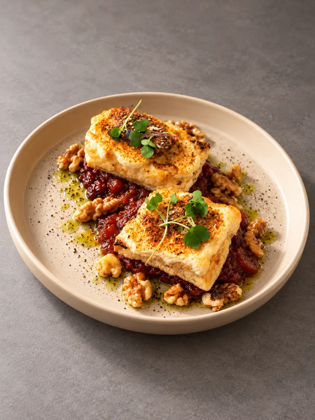 Golden aged cheese with red compote and microgreens