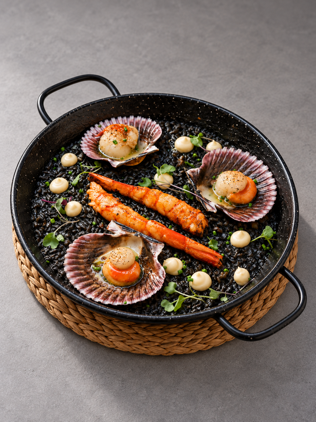 Arroz negro with scallops and red prawns at Local Tapas Barcelona